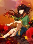  1girl barefoot black_hair blue_shorts floating_hair from_side green_shirt highres horns kaigen_1025 long_hair nippaku_zanmu oni_horns open_mouth profile red_eyes sandals shirt shorts sitting solo touhou unfinished_dream_of_all_living_ghost wide_sleeves 