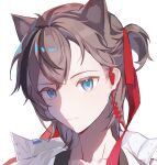  1boy absurdres animal_ear_fluff animal_ears arknights blue_eyes chess04247 closed_mouth hair_ribbon highres jacket long_hair looking_at_viewer male_focus one_side_up portrait red_ribbon ribbon simple_background solo stainless_(arknights) white_background white_jacket 