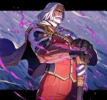  1boy beard black_gloves blue_eyes cane cape facial_hair gloves highres jp_(street_fighter) kuroi_susumu male_focus medium_hair muscular muscular_male mustache old old_man psychic red_suit solo street_fighter street_fighter_6 suit white_hair 