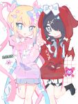  2girls :d absurdres ame-chan_(needy_girl_overdose) animal_hood black_choker black_eyes black_hair blonde_hair blue_bow blue_eyes blue_hair blue_skirt blush bow chinese_commentary choker chouzetsusaikawa_tenshi-chan collaboration commentary_request demon_wings dual_persona hair_bow hair_ornament hair_over_one_eye heart heart_hair_ornament heart_o-ring highres holding_hands hood hood_down hood_up hoodie long_hair long_sleeves multicolored_hair multiple_girls needy_girl_overdose niganguwo o-ring o-ring_thigh_strap official_alternate_costume open_mouth pink_bow pink_hair pink_hoodie pleated_skirt purple_bow quad_tails rabbit_hood red_hoodie skirt smile socks standing standing_on_one_leg thigh_strap tianshi79099 twintails very_long_hair white_socks wings x_hair_ornament 