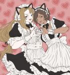  2girls animal_ears apron black_bow black_bowtie black_dress blue_eyes blush bow bowtie brown_eyes brown_hair cat_ears dress fake_animal_ears frilled_dress frills heart heart_hands heart_hands_duo highres kazu1010 limbus_company long_hair low-tied_long_hair maid maid_headdress multiple_girls open_mouth outis_(limbus_company) parted_bangs project_moon puffy_short_sleeves puffy_sleeves rodion_(limbus_company) short_hair short_sleeves sidelocks smile sweat very_long_hair white_apron 