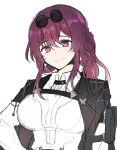  1girl 5rwpvc arm_strap black_coat breasts chest_harness closed_mouth coat coat_on_shoulders earrings eyewear_on_head harness highres honkai:_star_rail honkai_(series) jewelry kafka_(honkai:_star_rail) large_breasts pince-nez shirt simple_background smile solo sunglasses upper_body white_background white_shirt 