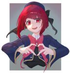  1girl 2830385208 absurdres arima_kana beret blue_headwear blue_jacket bob_cut grey_background happy hat hat_ribbon heart heart_hands highres inverted_bob jacket looking_at_viewer open_mouth oshi_no_ko red_eyes redhead ribbon school_uniform short_hair simple_background smile sweater_vest upper_body youtou_high_school_uniform 