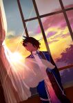  1boy arjuna_alter_(student_council_president)_(fate) black_hair blue_jacket clouds curtains dark_skin fate/grand_order fate_(series) horns jacket looking_up necktie official_art pako_(pakosun) short_hair sun twilight 