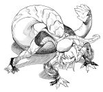  1girl all_fours animal_feet animal_hands beret borrowed_character claws dragon_girl dragon_horns dragon_tail forked_tongue full_body greyscale half-closed_eyes hat hip_vent horns indie_virtual_youtuber long_tail long_tongue looking_at_viewer megame_(okbnkn) monochrome monster_girl scales shadow sharp_teeth short_hair_with_long_locks shorts simple_background slit_pupils small_horns smile solo tail teeth tongue tongue_out virtual_youtuber white_background 