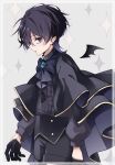  1boy black_cape black_hair black_pants black_shirt blue_bow blue_eyes border bow cape chino_0830_tr demon_wings earrings facing_to_the_side genshin_impact grey_background highres jewelry long_sleeves looking_at_viewer male_focus mini_wings multicolored_hair multiple_earrings open_mouth pants purple_hair red_eyeliner scaramouche_(genshin_impact) shirt short_hair solo white_border wings 
