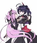  2girls 5rwpvc absurdres ahoge black_bow black_dress black_gloves bow closed_mouth dancing dress elysia_(honkai_impact) elysia_(miss_pink_elf)_(honkai_impact) gloves hair_bow hand_on_another&#039;s_waist high_ponytail highres honkai_(series) honkai_impact_3rd long_hair long_sleeves low_ponytail multiple_girls pink_hair purple_hair raiden_mei raiden_mei_(danzai_spectramancer) simple_background smile vambraces very_long_hair violet_eyes white_background white_dress 