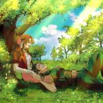  1boy 1girl aerith_gainsborough armor baggy_pants bangle black_hair blue_sky bracelet braid braided_ponytail brown_hair clouds cloudy_sky commentary couple crisis_core_final_fantasy_vii dappled_sunlight dress feet_out_of_frame final_fantasy final_fantasy_vii final_fantasy_vii_remake from_side grass hair_ribbon highres holding_hands jacket jewelry lap_pillow light_rays long_hair lying on_back outdoors pants parted_bangs parted_lips pink_dress pink_ribbon profile red_jacket ribbon short_sleeves shoulder_armor sidelocks sitting sky sleeveless sleeveless_turtleneck smile sunlight sweater symbol-only_commentary tree turtleneck turtleneck_sweater ymr18 zack_fair 