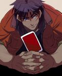  1boy alternate_eye_color black_hair black_shirt blue_eyes brown_background brown_jacket card closed_mouth commentary_request fingernails highres holding holding_card inudori itou_kaiji jacket kaiji leaning_forward long_hair looking_at_viewer male_focus medium_bangs playing_card scar scar_on_cheek scar_on_ear scar_on_face scar_on_hand shirt sleeves_rolled_up smile solo upper_body 