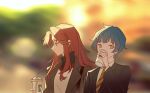  1boy 1girl as-zero black_coat black_jacket blue_hair blurry blurry_background coat collared_shirt cup daniel_(project_moon) disposable_cup highres holding holding_cup jacket kali_(project_moon) lobotomy_corporation long_hair long_sleeves necktie parted_bangs project_moon redhead shirt sidelocks upper_body very_long_hair white_shirt wing_collar yellow_eyes yellow_necktie 