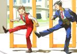  2boys :d ace_attorney antenna_hair apollo_justice black_footwear black_hair black_socks blue_jacket blue_pants blue_suit blue_vest blush bracelet brown_footwear brown_hair clenched_hands closed_eyes collared_shirt facing_another facing_viewer green_necktie grin hands_up jacket jewelry lapel_chain lapel_pin lapels leg_up long_sleeves male_focus multiple_boys necktie outdoors pants phoenix_wright pink_necktie pose_request profile red_pants red_suit red_vest rocoya1 shirt short_hair sleeves_rolled_up smile socks spiky_hair standing standing_on_one_leg suit three-piece_suit vest white_shirt 