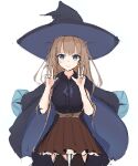  absurdres blue_eyes brown_hair double_v elise hat highres non-web_source original robe shionoko skirt thigh-highs v witch witch_hat 