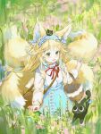  1girl animal_ear_fluff animal_ears arknights bag basket black_cat blonde_hair blue_hairband blue_skirt blush brown_bag cardigan cat cross-laced_clothes cross-laced_skirt crossover day flower fox_ears fox_girl fox_tail frilled_hairband frills grass green_eyes hair_ornament hair_scrunchie hairband heixiu high-waist_skirt highres kitsune kyuubi long_hair long_sleeves luo_xiaohei luo_xiaohei_zhanji multiple_tails neck_ribbon official_alternate_costume open_cardigan open_clothes open_mouth outdoors puffy_long_sleeves puffy_sleeves red_ribbon ribbon round_bag scrunchie shirt shoulder_bag skirt smile spring_(season) suda_li_(osi58) suzuran_(arknights) suzuran_(spring_praise)_(arknights) tail white_shirt yellow_cardigan 