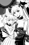  2girls abayan anne_bonny_(fate) breasts collar fate/grand_order fate_(series) greyscale halloween_costume highres holding_hands large_breasts long_hair looking_at_viewer mary_read_(fate) monochrome multiple_girls non-web_source scar scar_on_face short_hair small_breasts 