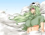  absurdres bleach breasts green_hair highres hollow_(bleach) large_breasts long_hair nelliel_tu_odelschwanck shirt skull smoke solo torn_clothes torn_shirt under_boob 