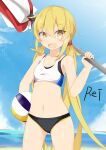  ball beach beach_volleyball blonde_hair blue_sky etsuransha_no_rei highres kantai_collection long_hair navel outdoors parasol satsuki_(kancolle) signature sky sportswear twintails umbrella volleyball_(object) volleyball_uniform yellow_eyes 