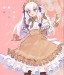  1girl apron braid dress fire_emblem fire_emblem:_three_houses fire_emblem_heroes lysithea_von_ordelia maid_apron maid_headdress official_alternate_costume ohima17 open_mouth pink_background smile white_hair 