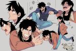  &gt;_&lt; 1boy belt black_belt black_eyes black_hair black_shirt blue_pants bomber_jacket brown_jacket closed_eyes commentary_request dog full_body grey_shirt grin highres hood_ornament inudori itou_kaiji jacket kaiji long_hair long_sleeves looking_at_viewer male_focus medium_bangs mercedes-benz musical_note open_mouth pants parted_bangs scar scar_on_cheek scar_on_face shirt smile undershirt walking 