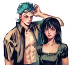  1boy 1girl abs absurdres aged_down black_eyes black_hair blue_eyes blue_hair blunt_bangs closed_mouth franky_(one_piece) goggles goggles_on_head highres long_hair looking_at_viewer nico_robin one_piece onigirimayora open_clothes realistic short_hair simple_background spiky_hair white_background 