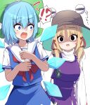  !? 2girls animal_print blonde_hair blue_eyes blue_hair blue_serafuku blue_skirt blush bow brown_headwear cirno collarbone darumoon detached_wings fairy false_smile frog_print green_bow hair_between_eyes hair_bow hat highres ice ice_wings long_hair long_sleeves moriya_suwako multiple_girls open_mouth purple_skirt purple_vest sailor_collar school_uniform serafuku shaded_face shirt short_hair short_sleeves simple_background skirt smile touhou vest white_background white_sailor_collar white_shirt wings 