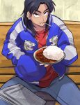  1boy :t bench black_eyes black_hair blue_jacket blue_pants closed_mouth commentary_request curry curry_rice expressionless feet_out_of_frame food hand_in_pocket highres holding holding_plate inudori itou_kaiji jacket kaiji long_hair long_sleeves looking_at_viewer male_focus medium_bangs newspaper open_clothes open_jacket pants parted_bangs plate red_shirt rice scar scar_on_cheek scar_on_face shirt solo utensil_in_mouth 