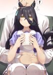  ! 1boy 1girl absurdres ahoge animal_ears black_hair blush cup ear_ornament faceless faceless_male hair_between_eyes heart heart_ahoge hibiki_(zerocodo) highres holding holding_cup horse_ears horse_girl horse_tail hug hug_from_behind long_hair manhattan_cafe_(umamusume) multicolored_hair open_mouth school_uniform sitting sitting_on_person smile speech_bubble streaked_hair tail thigh-highs trainer_(umamusume) umamusume white_hair white_thighhighs yellow_eyes 