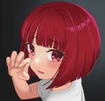  1girl absurdres arima_kana black_background blush bob_cut hand_on_own_cheek hand_on_own_face highres inverted_bob looking_at_viewer open_mouth ori_elcan oshi_no_ko red_eyes redhead shirt short_hair simple_background solo upper_body white_shirt 