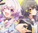  2girls ;d black_choker black_gloves black_jacket blue_eyes blush breast_pocket buttons choker chromatic_aberration collarbone commentary_request copyright_name earrings flower_ornament gloves grey_hair hands_up highres honkai:_star_rail honkai_(series) jacket jewelry long_sleeves looking_at_viewer march_7th_(honkai:_star_rail) medium_hair multiple_girls one_eye_closed open_hands open_mouth partial_commentary partially_fingerless_gloves pink_eyes pink_hair pocket shirt single_earring single_glove smile stelle_(honkai:_star_rail) stray0641071225 trailblazer_(honkai:_star_rail) two-tone_eyes upper_body white_shirt yellow_eyes 