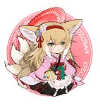  1girl animal_ear_fluff animal_ears apron arknights black_hakama blonde_hair blush chibi chinese_commentary chinese_knot coin_purse commentary_request flower fox_ears fox_girl fox_tail frilled_apron frills full_body green_eyes hair_between_eyes hair_flower hair_ornament hairband hakama hakama_skirt hehehzb holding holding_umbrella japanese_clothes kimono kitsune kyuubi long_sleeves looking_at_viewer mixed-language_commentary multicolored_hair multiple_tails obi official_alternate_costume oil-paper_umbrella parted_lips partial_commentary pink_kimono pinwheel pleated_skirt red_hairband red_umbrella sash sitting skirt solo suzuran_(arknights) suzuran_(yukibare)_(arknights) tail tassel two-tone_hair umbrella waist_apron white_apron white_hair wide_sleeves yagasuri 