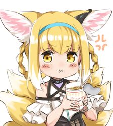  1girl :t anger_vein animal_ears arknights bare_shoulders black_collar blonde_hair blue_hairband blush braid braided_hair_rings chopsticks closed_mouth clothing_cutout collar commentary cup dress earpiece fox_ears fox_girl fox_tail frilled_sleeves frills hair_rings hairband hands_up highres holding holding_cup infection_monitor_(arknights) kitsune kyuubi looking_at_viewer multicolored_hair multiple_tails nasumikan_(nodoame241) ramen short_hair short_sleeves shoulder_cutout simple_background solo suzuran_(arknights) tail twin_braids two-tone_hair upper_body white_background white_hair yellow_eyes 