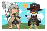  1jumangoku 2others ahoge androgynous animal_crossing animal_hands ascot bare_shoulders barefoot beak bird black_coat black_eyes black_headwear black_shirt black_shorts black_sleeves blue_sky blush_stickers border brown_ascot brown_coat brown_sleeves butterfly_net closed_mouth clouds coat collared_coat commentary_request detached_sleeves enraku_tsubakura eye_of_senri eye_on_hat furry furry_other furry_with_non-furry grass green_skirt green_trim grey_eyes grey_hair hakama hakama_short_skirt hakama_skirt hand_net hat highres hill holding holding_butterfly_net houlen_yabusame interspecies japanese_clothes layered_sleeves len&#039;en long_sleeves multiple_others outdoors penguin puffy_short_sleeves puffy_sleeves shirt short_hair_with_long_locks short_over_long_sleeves short_sleeves shorts skirt sky sleeveless_coat smile sun top_hat white_border white_sleeves wide_sleeves 