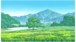  blue_sky border bridge clouds commentary_request day field flower grass hariken highres landscape mountain nature no_humans oita_prefecture original outdoors plant real_world_location river scenery shore sky tree white_border yellow_flower 