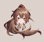  1girl as-zero brown_hair carmen_(project_moon) closed_mouth collared_shirt green_shirt high_ponytail highres lobotomy_corporation long_hair looking_at_viewer portrait project_moon red_eyes shirt sidelocks smile solo very_long_hair 