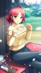  1girl belt black_belt black_pants blue_gemstone blurry blurry_background braid cherry_blossoms closed_mouth crossed_legs dango day doukyuusei_another_world food gem green_gemstone hair_ornament hanami holding kakyuusei_2 long_sleeves medium_hair off-shoulder_sweater off_shoulder outdoors pants redhead ribbed_sweater sitting solo sweater tongue tongue_out wagashi wakai_misaki yellow_eyes yellow_gemstone yellow_sweater 
