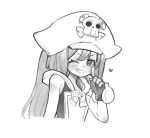  1girl bare_shoulders finger_to_mouth fingerless_gloves gloves greyscale grin guilty_gear guilty_gear_xrd hat hat_ornament highres ky4274 long_hair looking_at_viewer may_(guilty_gear) monochrome one_eye_closed pirate pirate_hat shushing skull_and_crossbones skull_hat_ornament smile 