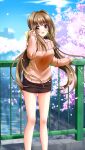  1girl :d adjusting_hair bare_legs black_skirt blurry blurry_background blush bow bridge brown_hair brown_sweater day doukyuusei_another_world hair_between_eyes hair_bow hair_intakes kakyuusei_2 long_hair long_sleeves looking_at_viewer low_twintails miniskirt open_mouth outdoors pencil_skirt red_eyes saimon_tamaki skirt sleeves_past_wrists smile solo spring_(season) standing sweater twintails very_long_hair yellow_bow 
