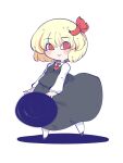  black_footwear black_shirt black_skirt blob blonde_hair blush bow chahan_(fried_rice0614) commentary darkness hair_bow hair_ribbon highres long_sleeves looking_at_viewer necktie red_bow red_eyes red_necktie ribbon rumia shadow shirt short_hair simple_background skirt smile socks touhou white_background white_socks 