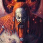  1boy artist_name beard braid braided_beard commentary elden_ring embers english_commentary extra_pupils eyeball facial_hair fire_giant_(elden_ring) giant gingerbread highres jordirapture long_beard long_hair no_pupils redhead solo topless topless_male 