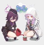  absurdres atsuko_(blue_archive) blue_archive braid flower_pot garrison_cap halo haruka_(blue_archive) hat highres holding holding_notebook holding_watering_can hood imagining notebook purple_hair red_eyes shoes squatting twin_braids unli_free violet_eyes watering_can 