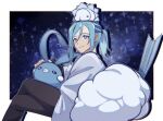  1boy altaria aqua_eyes aqua_hair blanket border closed_mouth commentary_request crossed_legs grusha_(pokemon) highres long_sleeves looking_to_the_side male_focus mocacoffee_1001 on_head outside_border pants pokemon pokemon_(creature) pokemon_(game) pokemon_on_head pokemon_sv signature smile snom white_border 