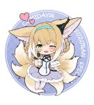  1girl animal_ear_fluff animal_ears arknights arm_at_side black_collar black_gloves blonde_hair blue_hairband blush braid braided_hair_rings chibi chinese_commentary clothing_cutout collar commentary_request dress earpiece fox_ears fox_girl fox_tail frilled_sleeves frills full_body gloves green_eyes hair_rings hairband hand_up heart hehehzb infection_monitor_(arknights) kitsune kyuubi mixed-language_commentary multicolored_hair multiple_tails no_shoes off-shoulder_dress off_shoulder one_eye_closed open_mouth oripathy_lesion_(arknights) pantyhose partial_commentary purple_dress short_sleeves shoulder_cutout single_glove solo suzuran_(arknights) tail two-tone_hair white_hair white_pantyhose wrist_cuffs 