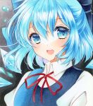  1girl blue_eyes blue_hair bow cirno commentary_request hair_bow ice ice_wings marker_(medium) medium_hair open_mouth portrait smile solo suzu_(o_o1219) touhou traditional_media wings 