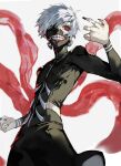  1boy black_bodysuit black_nails black_pants bodysuit eyepatch fingernails highres kaneki_ken long_sleeves looking_at_viewer male_focus mask mouth_mask mura_karuki pale_skin pants red_eyes short_hair simple_background solo standing tokyo_ghoul white_hair 