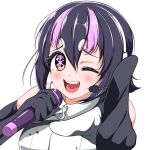  +_+ 1girl bare_shoulders black_hair elbow_gloves gloves hood hoodie humboldt_penguin_(kemono_friends) kemono_friends kemono_friends_v_project looking_at_viewer microphone music one_eye_closed oshi_no_ko parody penguin_girl purple_hair short_hair simple_background singing solo universe_hululu virtual_youtuber zipper 