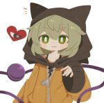  1girl :3 alternate_costume animal_ears black_eyes black_hood black_shirt blush bright_pupils closed_eyes closed_mouth fake_animal_ears green_eyes green_hair hair_between_eyes heart hood hooded_jacket hoodie jacket komeiji_koishi looking_at_another medium_hair shirt simple_background sleeveless sleeves_past_wrists smile third_eye touhou white_background yellow_hoodie yellow_jacket zipper zipper_pull_tab zunusama 