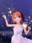  1girl arima_kana bare_arms bob_cut dress fireworks happy highres holding_fireworks inverted_bob night night_sky open_mouth oshi_no_ko red_eyes redhead short_hair simple_background sky smile solo upper_body white_dress xiang_yu_pai 