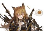  1girl absurdres animal_ears arknights boned_meat brown_eyes brown_hair brown_jacket ceobe_(arknights) dog_ears dog_girl fangs food hair_between_eyes hand_up highres jacket liangban_xiexu long_hair long_sleeves looking_at_viewer meat open_mouth pointing pointing_at_self simple_background solo weapon weapon_on_back white_background 