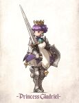  1girl armor armored_dress bloomers boots braid character_name crown earrings english_text gauntlets gradriel greaves highres holding holding_sword holding_weapon ironlily jewelry knee_boots princess princess_crown purple_hair short_hair solo sword underwear violet_eyes weapon white_bloomers 