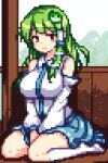  1girl ai-generated bare_shoulders breasts closed_mouth detached_sleeves frog_hair frog_hair_ornament green_eyes green_hair hair_between_eyes hair_ornament hair_tubes japanese_clothes kochiya_sanae large_breasts long_hair nontraditional_miko pixel_art snake_hair_ornament solo touhou wide_sleeves 