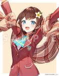  1girl blazer blue_eyes blush bow bowtie brown_hair earrings flower green_bow green_bowtie hair_flower hair_ornament hana_macchia hana_macchia_(1st_costume) jacket jewelry long_hair momoshiki_tsubaki nijisanji nijisanji_id official_art open_mouth plaid red_jacket sample_watermark school_uniform shawl smile solo virtual_youtuber 